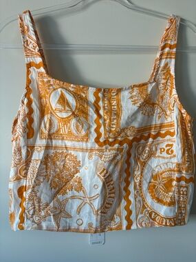 Nicole Miller White & Orange Printed Square-Neck Crop Top